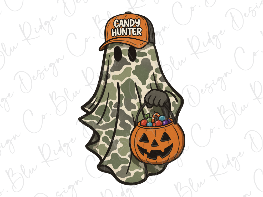 A ghost wearing a camouflage hat and holding a carved pumpkin with candy inside.