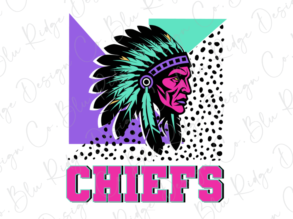 A stylized illustration of a Native American headdress with the word "CHIEFS" written below it in pink and purple text.