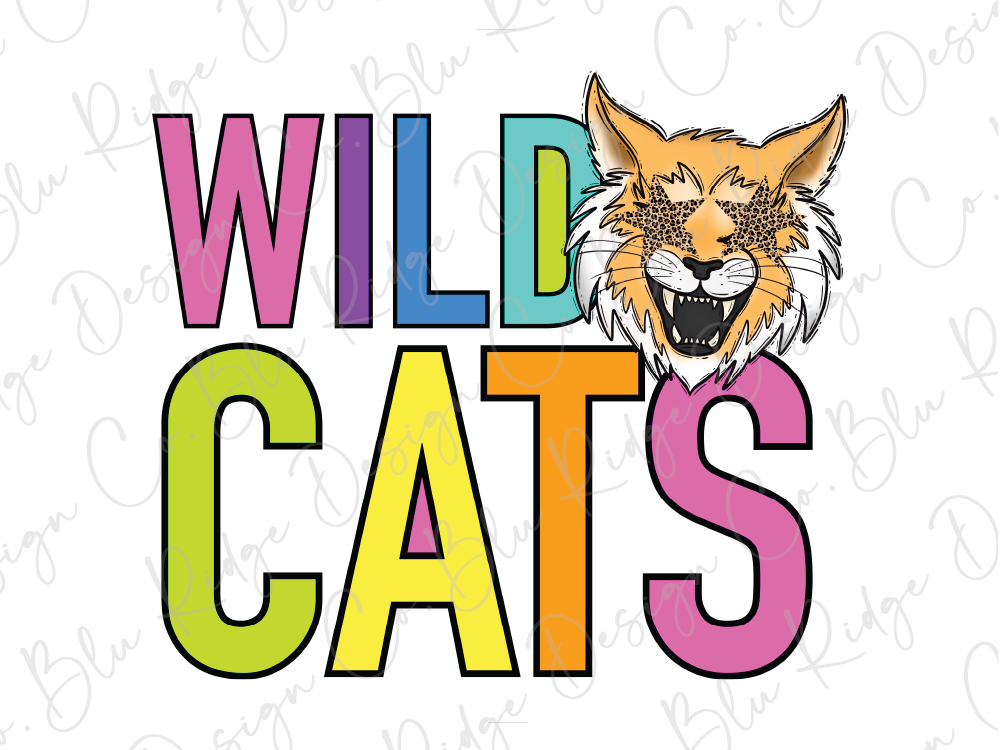 A colorful graphic design featuring the text "WILD CATS" with a stylized illustration of a cat's face.