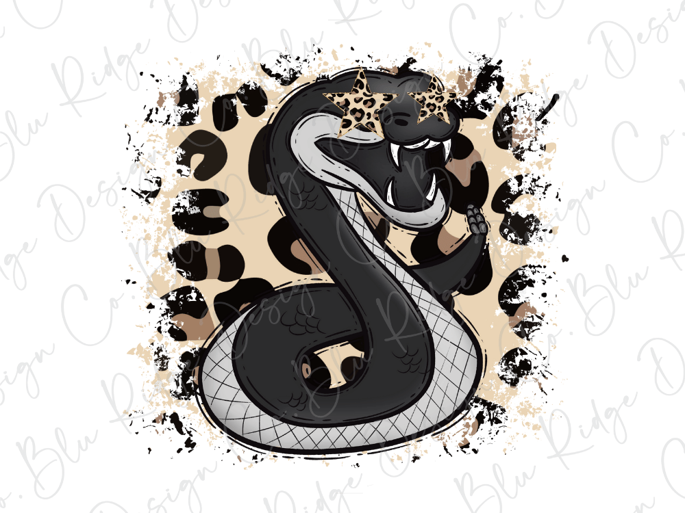 A stylized illustration of a snake with a star on its head, surrounded by a pattern of leopard spots.