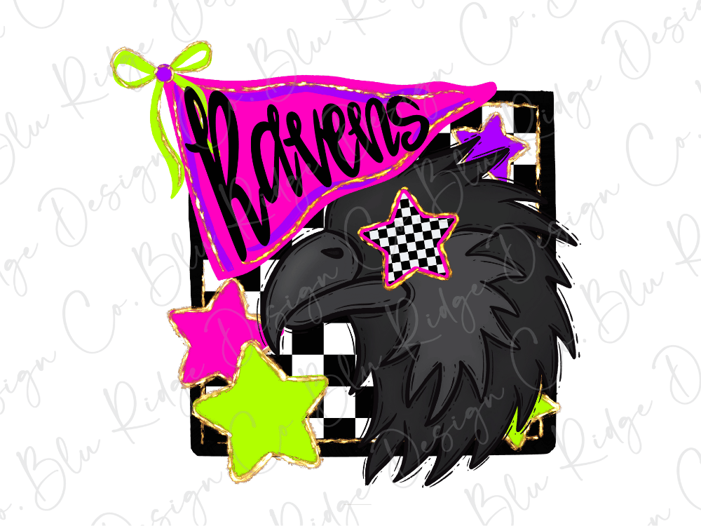 a black crow with a pink and green banner that says "Rafers" and a checkered star on its head.