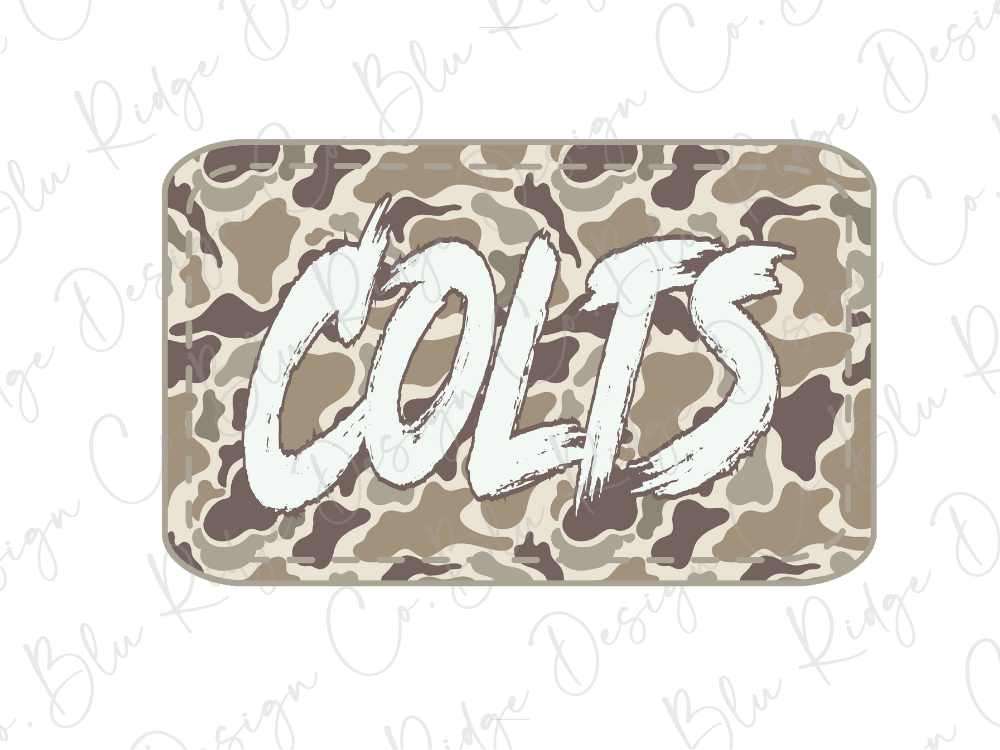 A camouflage-patterned rectangular object with the word "COLTS" written in a bold, white font.