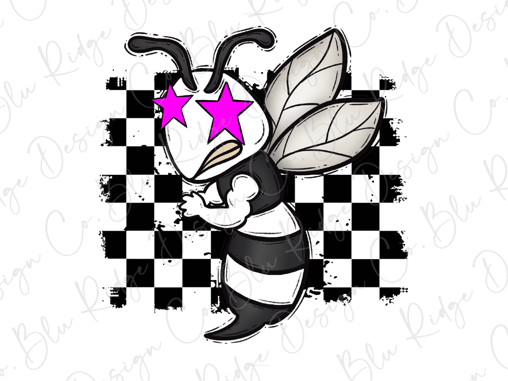 A cartoon bee with large pink eyes and a striped body is depicted against a black and white checkered background.