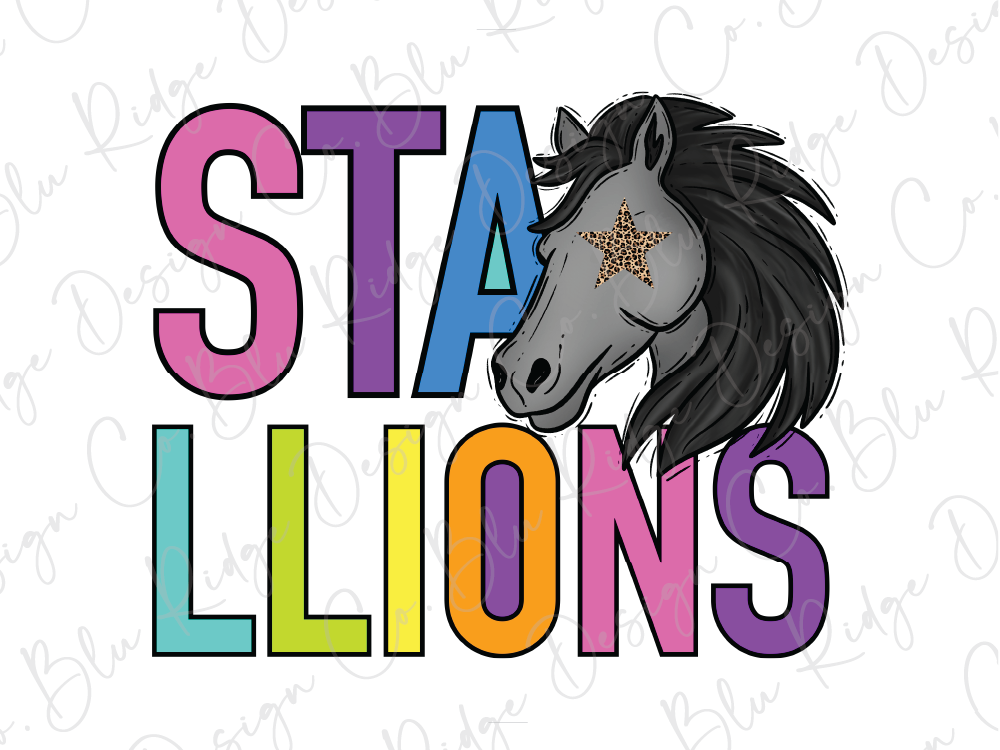 a stylized horse with a star on its forehead, accompanied by the text "STALLIONS" in a colorful, vibrant font.