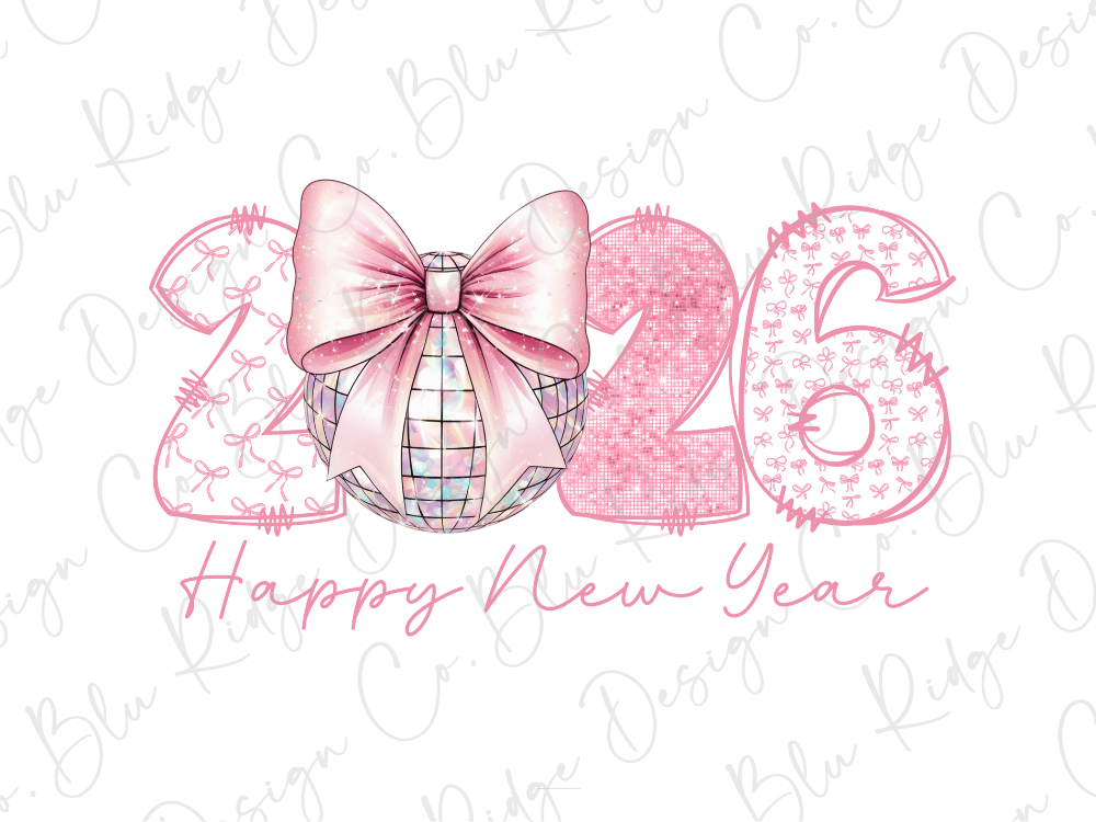 a pink bow and a disco ball, with the numbers "2026" and the phrase "Happy New Year" written in pink.