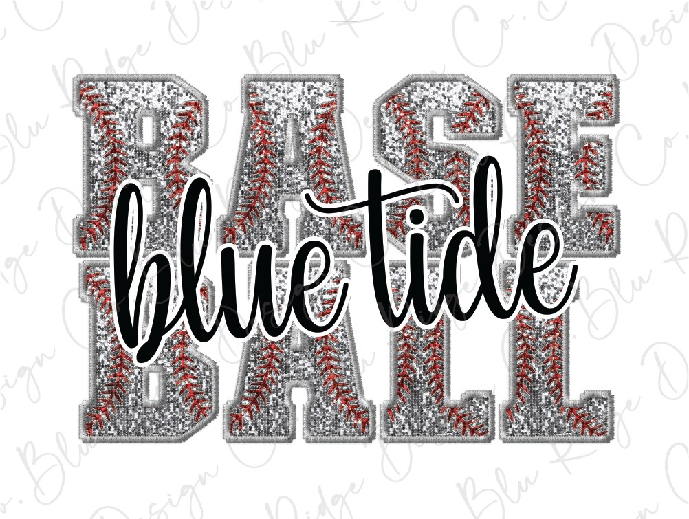 the word blue tide in red and silver glitter