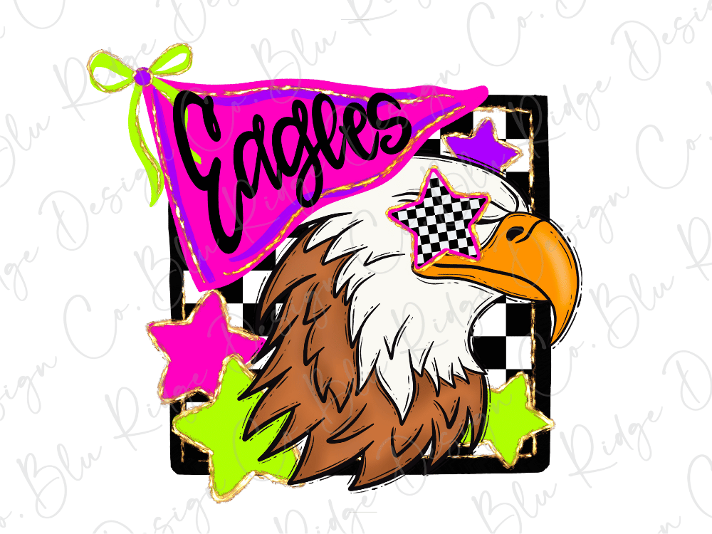 a stylized eagle with a checkered star on its face, surrounded by colorful stars and a pink banner with the word "Eagles" written on it.