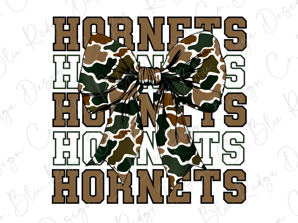 a large camouflage bow with the word "Horns" written in a repeating pattern of brown and green letters.