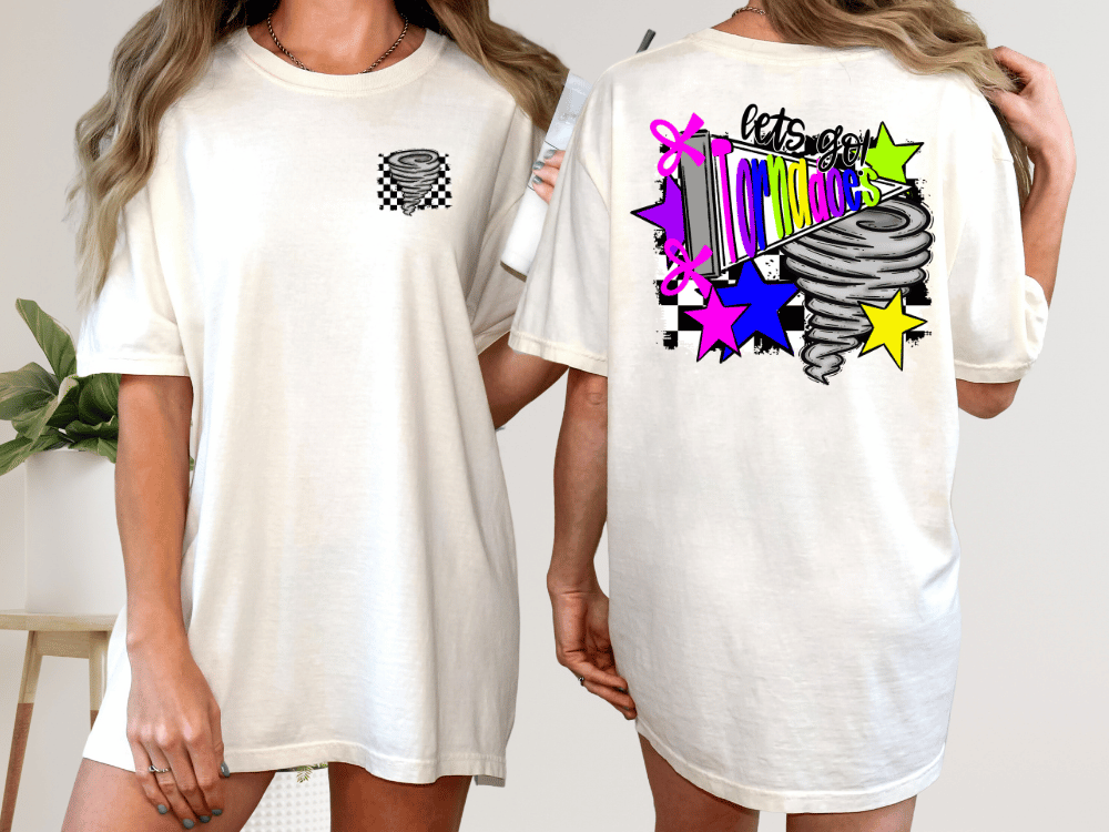 two views of a white t-shirt with a graphic design on the back. The design features a storm, stars, and a colorful pattern.