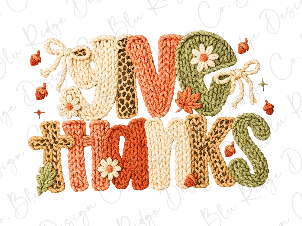 a colorful and intricate knit text that says "GIVE THANKS" in a decorative and artistic manner.