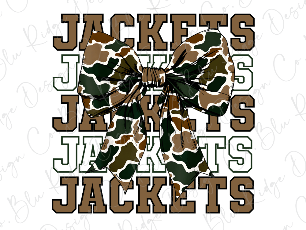 A camouflage-patterned bow made of brown fabric is prominently displayed in the center of the image, surrounded by the repeated text "JACKETS" in a bold, capitalized font.