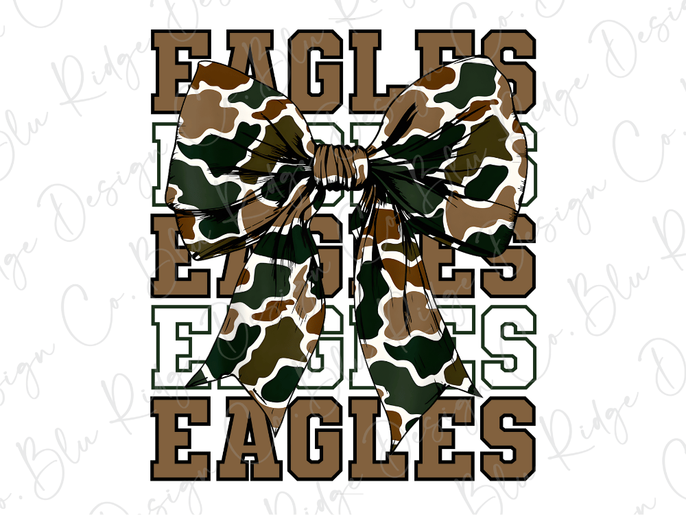 A camouflage bow with the word "EAGLES" written in a bold, capitalized font.