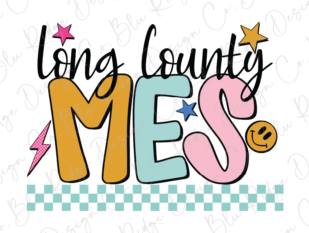 a colorful and playful design with the text "Long County MES" prominently displayed. The text is stylized with various shapes and elements, including stars, a smiley face, and checkered patterns. The overall design has a vibrant and energetic feel, with the use of different colors and shapes creating a visually engaging composition.