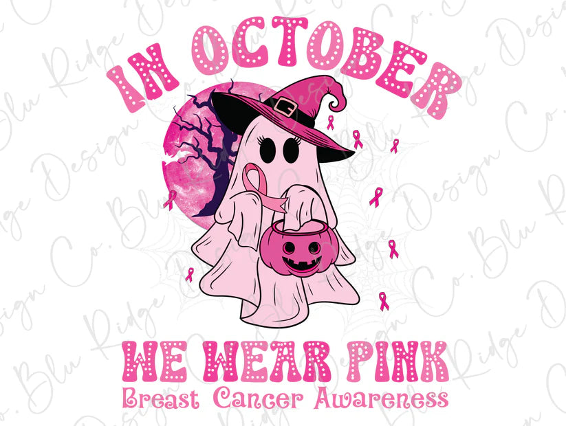 In October We Wear Pink Breast Cancer Awareness Halloween Ghost Graphic T-Shirt