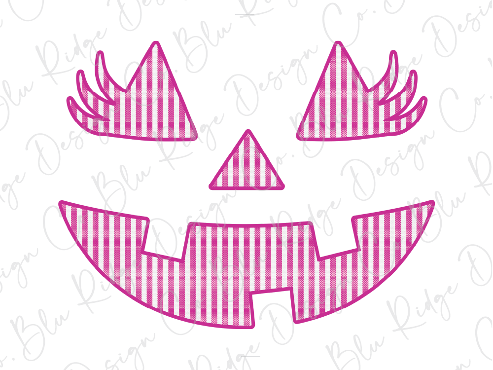 A stylized Halloween pumpkin face design with pink and white striped patterns.
