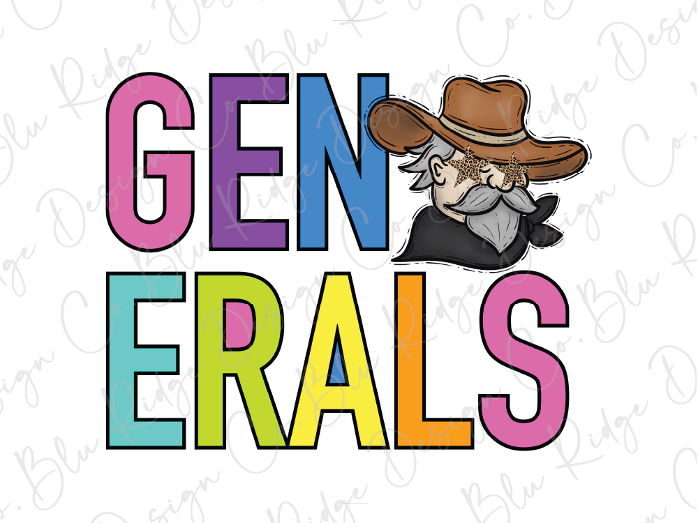 a colorful and playful depiction of the word "GENERALS" with a cartoon cowboy character wearing a hat.