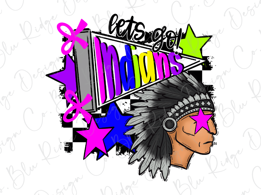 A colorful illustration featuring a Native American headdress, surrounded by stars, a banner with the word "Indiana", and various other graphic elements.