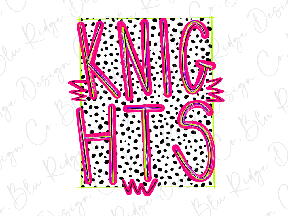a bold and colorful design with the text "KNIGHT HITS" prominently displayed. The text is written in a playful, cursive font with pink and black colors, and it is set against a background with a polka dot pattern. The overall design appears to be a creative and eye-catching piece of artwork or graphic design.