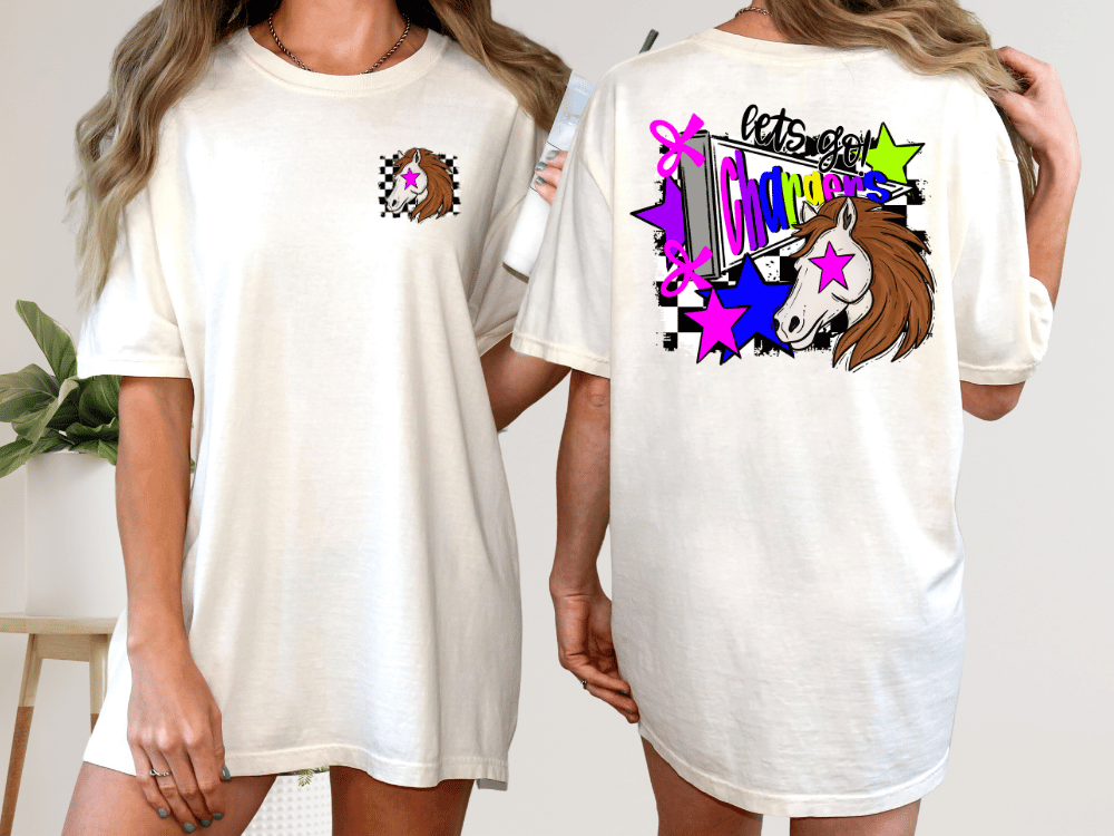 A white t-shirt with a graphic design on the back, featuring a horse and colorful elements.