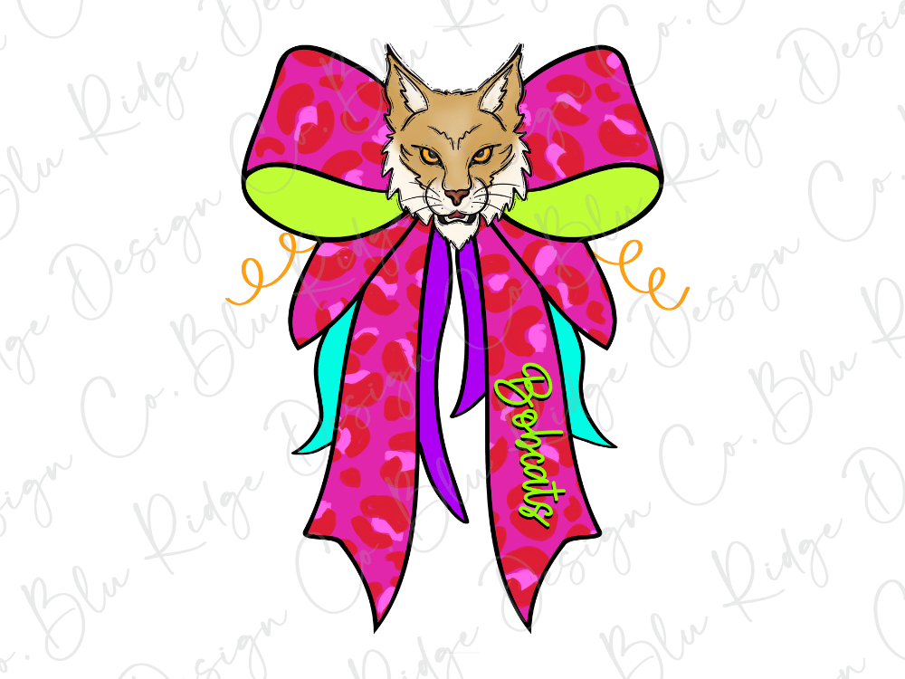 A cartoon illustration of a cat's face wearing a large pink bow with a leopard print pattern.