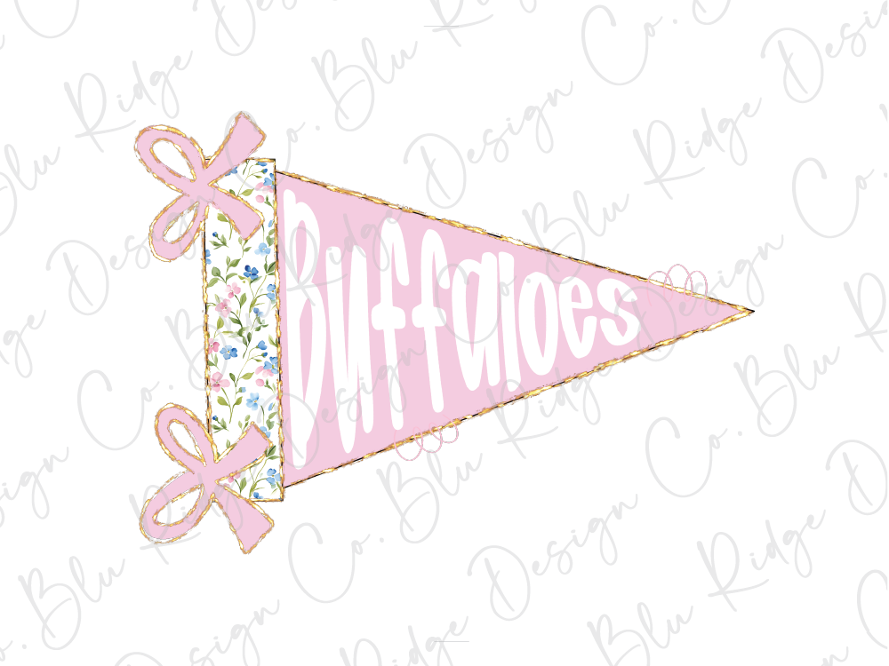A pink triangular flag with the word "Buffalo" written on it, along with two pink bows.
