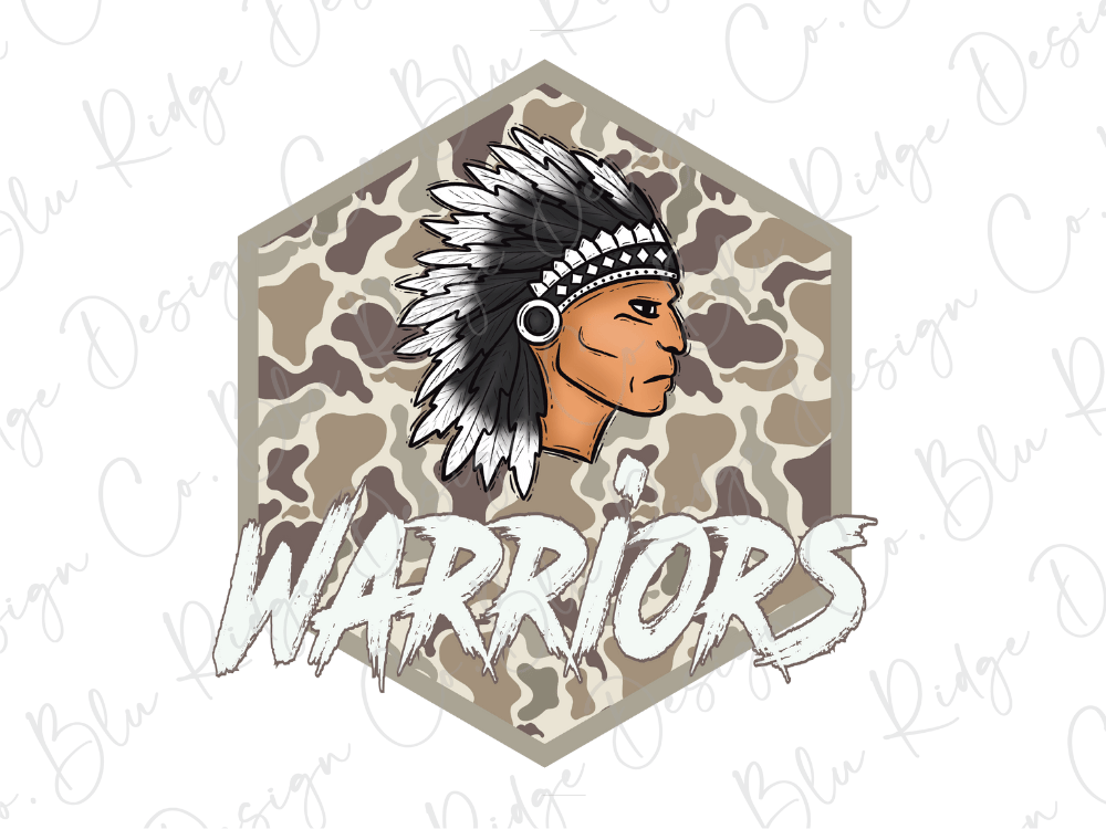 a Native American warrior wearing a headdress, with the word "Warriors" written below the image.