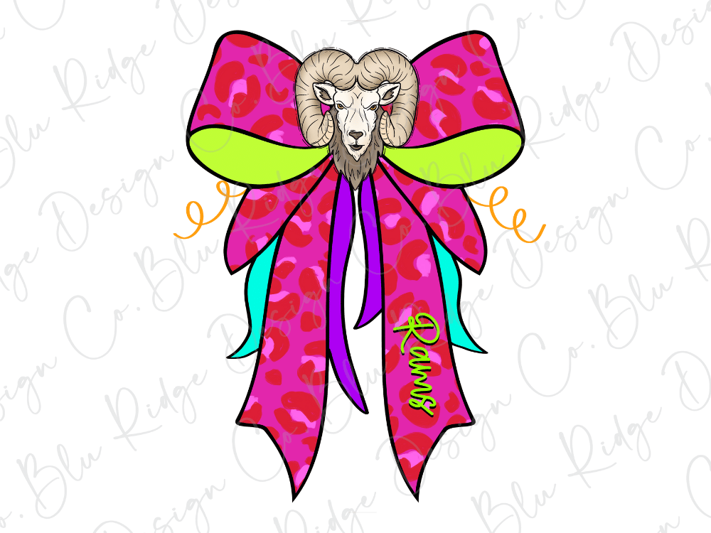 A colorful, stylized illustration of a ram's head wearing a pink and green bow with the word "Rams" written on it.