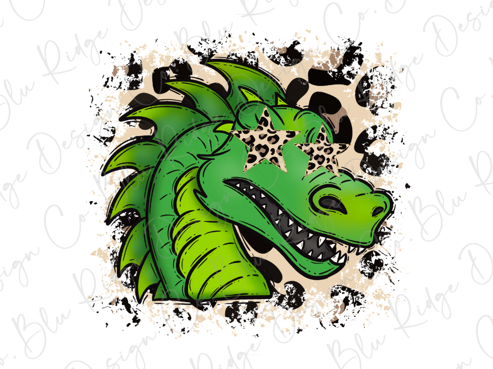 A stylized illustration of a green dragon with leopard print accents, wearing two star-shaped sunglasses.
