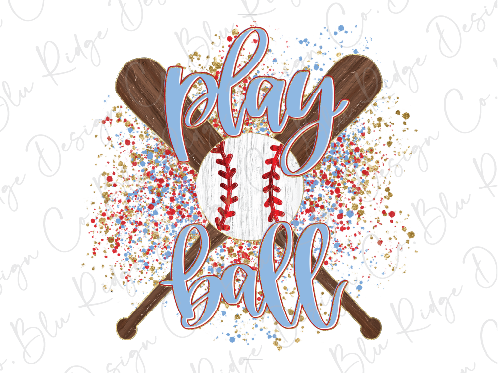 a baseball bat and ball with the text "play ball" written on them, surrounded by splashes of color.