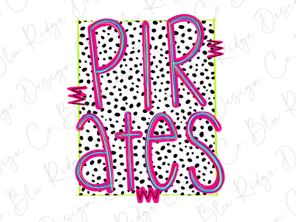 the word "PIRATES" in a bold, pink font against a background of black and white polka dots.