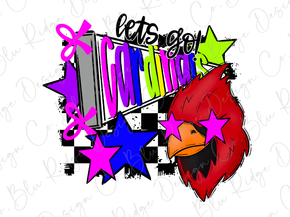 A colorful and stylized graphic design featuring a red bird wearing sunglasses, surrounded by various shapes and patterns in shades of pink, blue, green, and black.