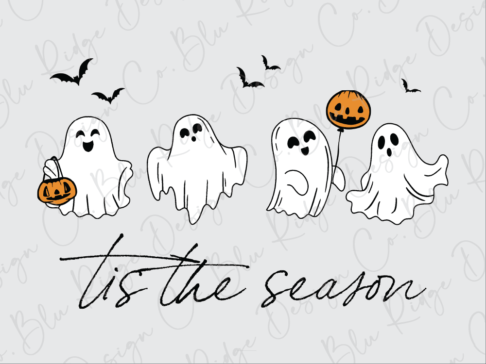 a group of four ghostly figures holding pumpkins, accompanied by the text "Tis the season" in a stylized font.