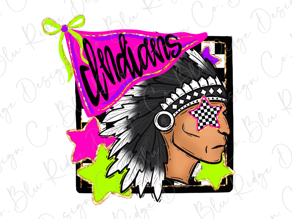 a stylized illustration of a Native American headdress with a star and a pink flag with the word "Indians" written on it.