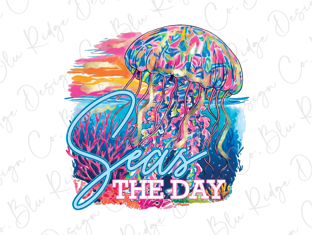 A colorful illustration of a jellyfish with the text "Seas the Day" written below it.