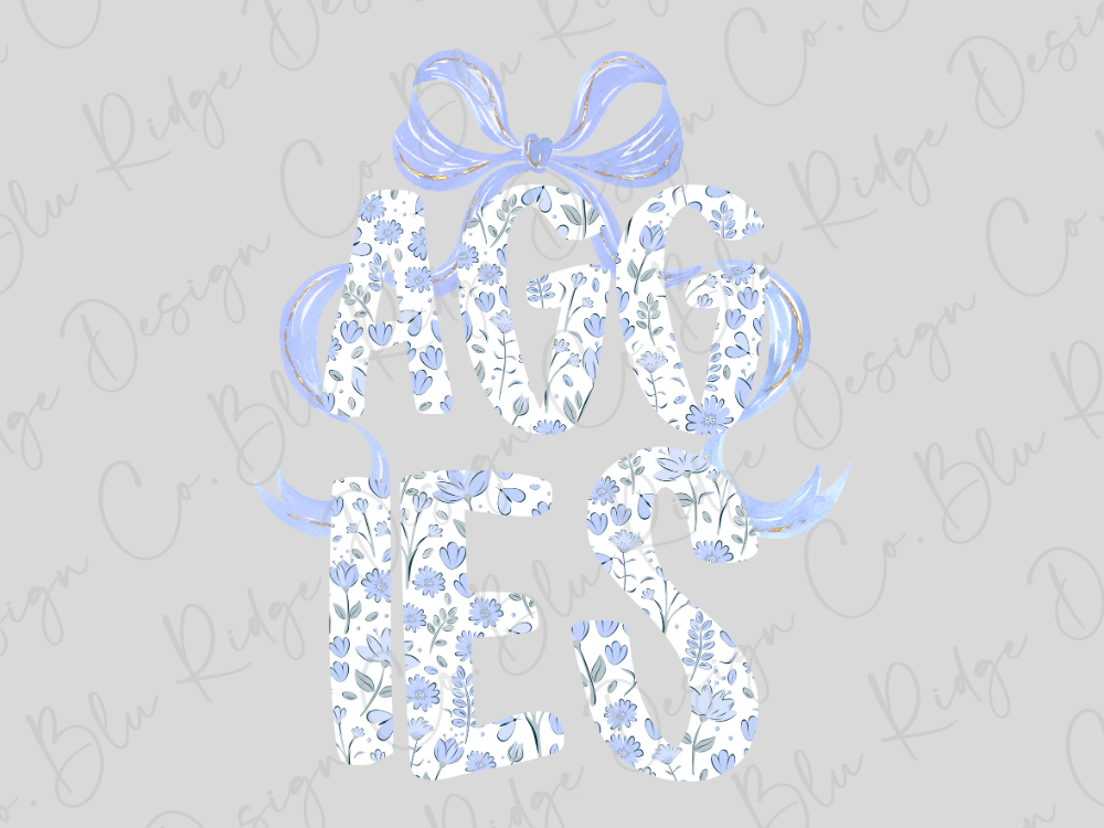 the text "AGGIES" in a stylized, floral design with a bow-like element.