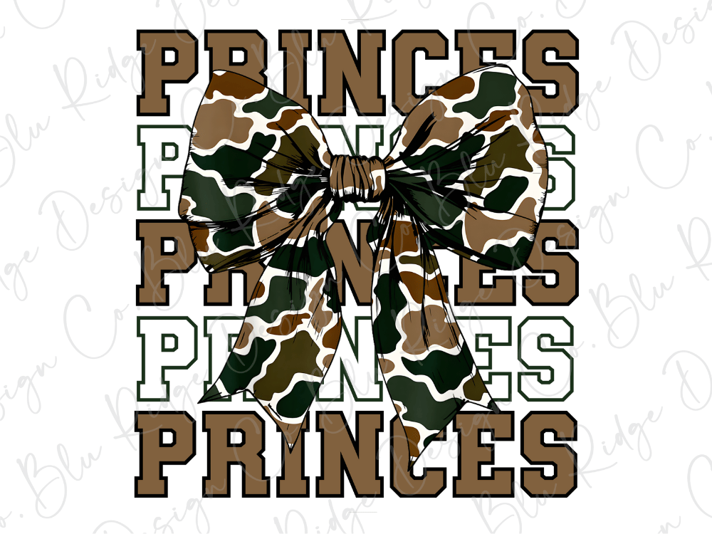 a camouflage bow with the word "PRINCES" written in a stylized font below it.