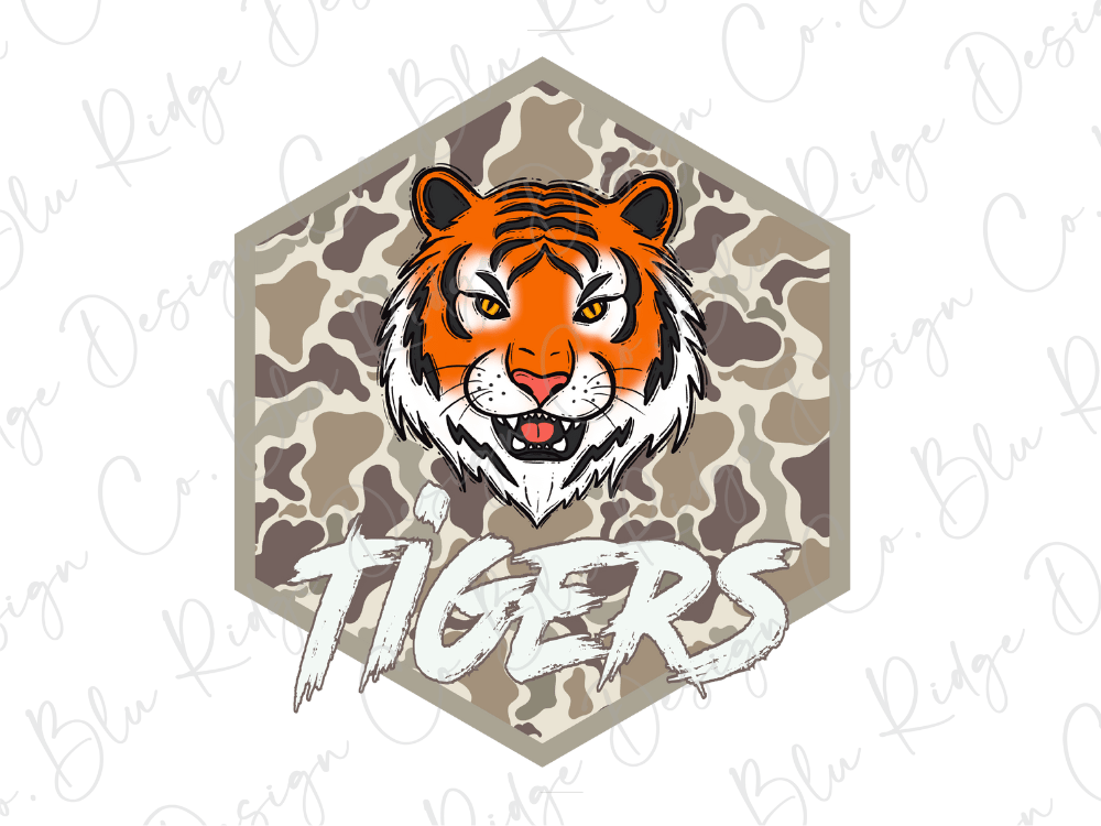 A stylized illustration of a tiger's head with the word "TIGERS" written below it, set against a camouflage pattern.