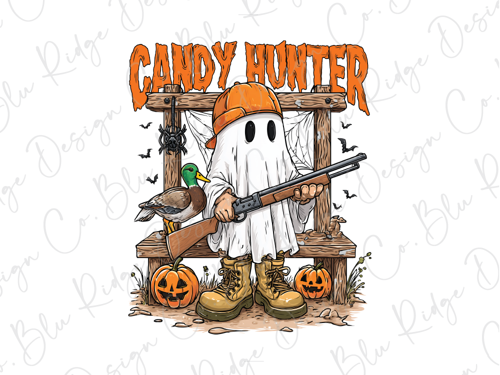 A ghost dressed as a hunter, holding a rifle and accompanied by a duck, is depicted in the image.