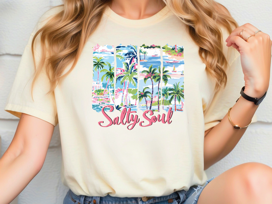 a woman wearing a t - shirt that says salty soul