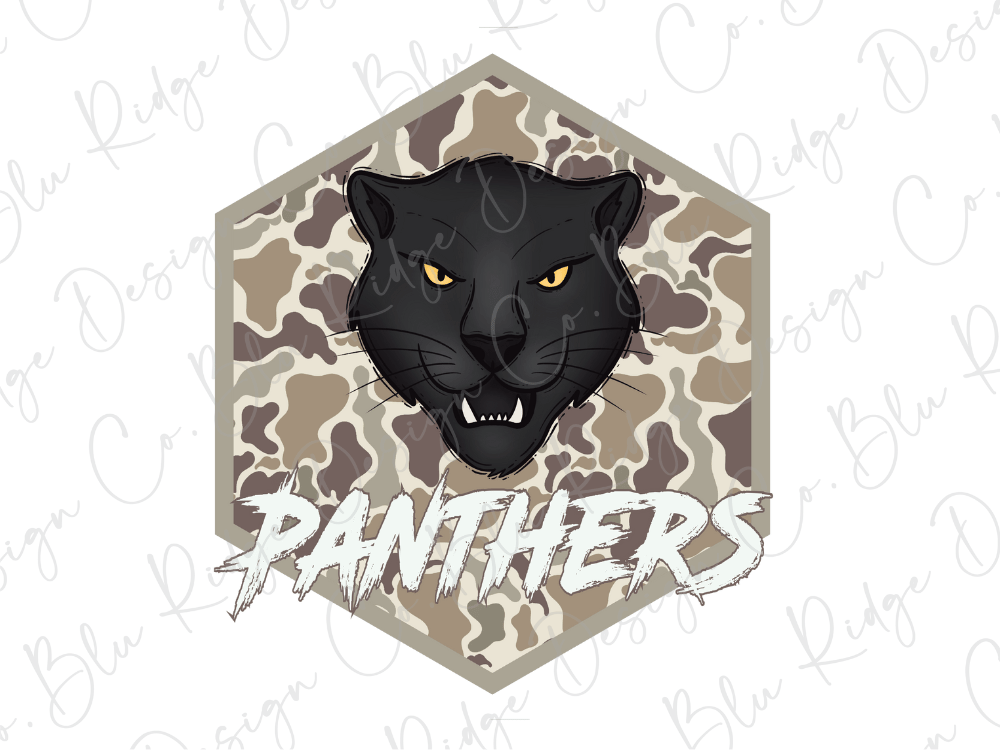A stylized graphic of a panther's head, with the word "Panthers" written below it.