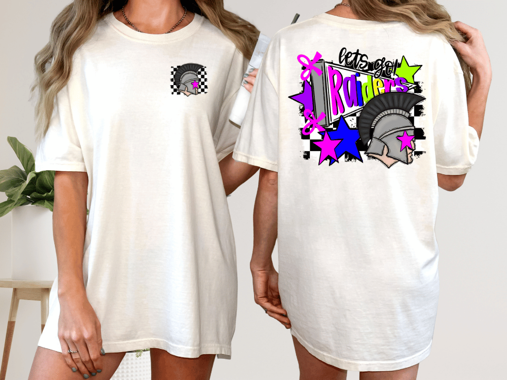 two views of a white t-shirt with a graphic design on the back. The design features a helmet, stars, and a colorful background.