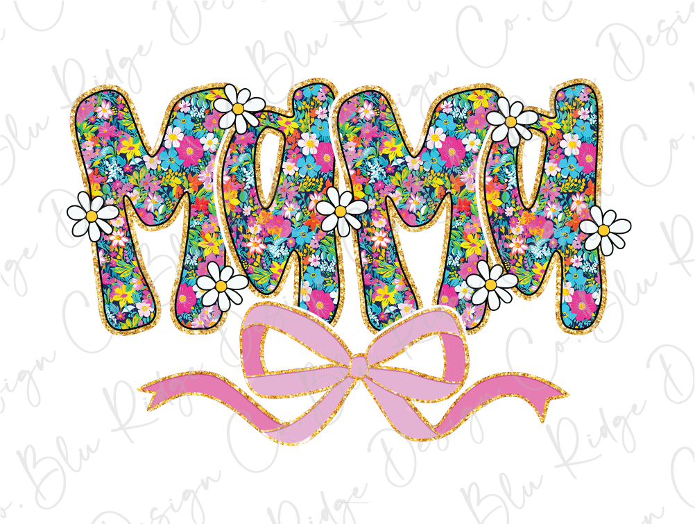 the word mom with flowers and a pink bow