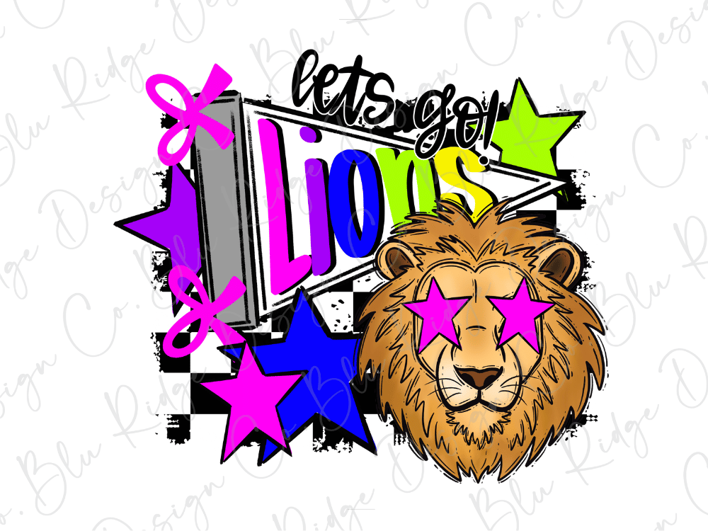 A stylized illustration featuring a lion's head with pink star-shaped eyes, surrounded by a colorful and abstract design with various shapes, including stars, lines, and text.