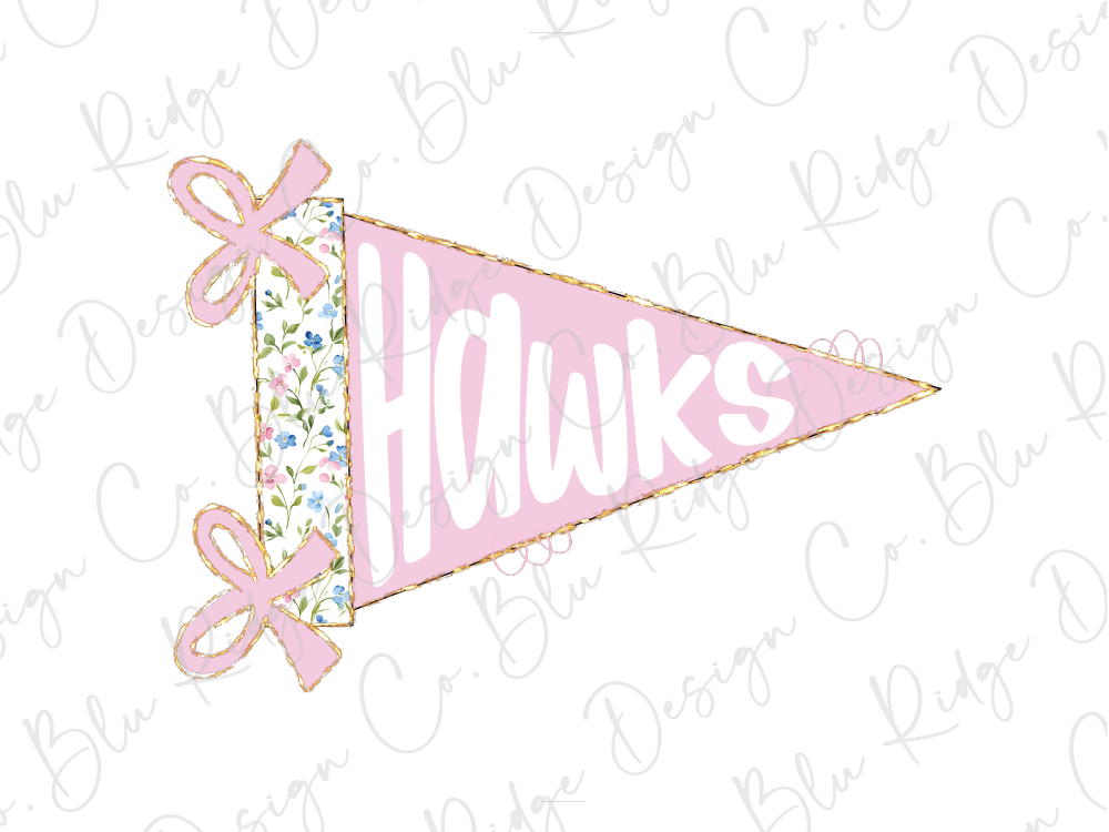 A pink triangular flag with the word "Hawks" written on it, along with two pink bows.