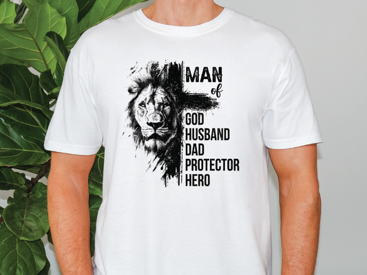 a man wearing a white shirt with a lion on it