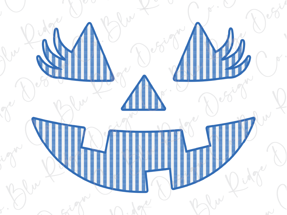 A blue and white striped Halloween jack-o-lantern face with a smile and two pointed ears.