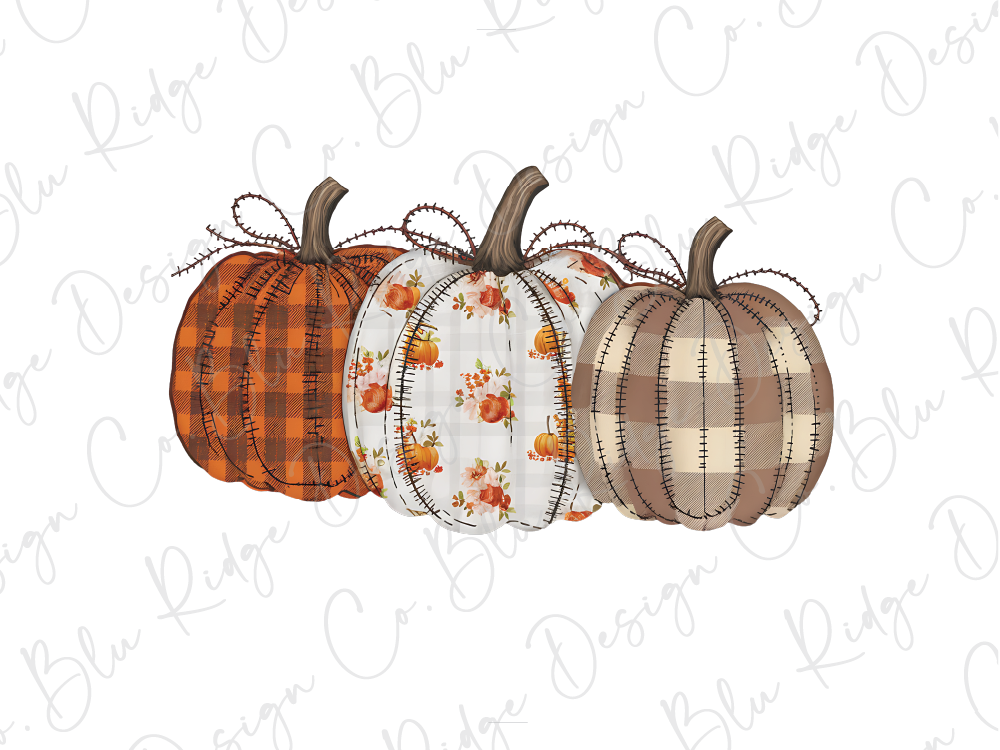 Three decorative pumpkins with different patterns and colors are arranged in a row.