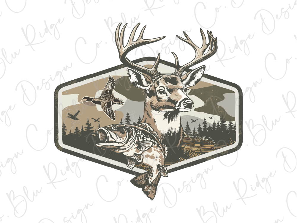 a deer with antlers, a fish, and a bird, all set against a forest backdrop.