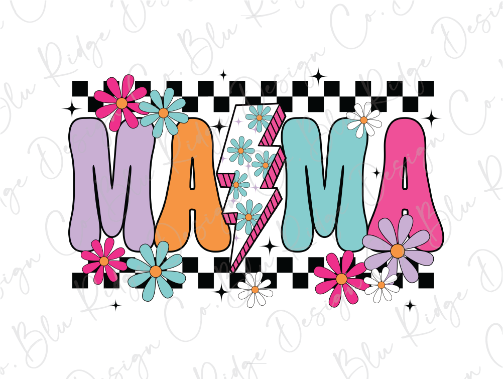 the word mama with flowers on a checkered background