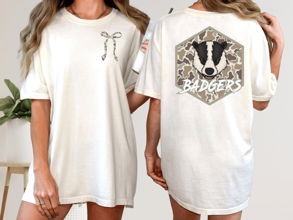 two different views of a white t-shirt with a graphic design on the back. The design features a badger's face and the word "Badgers" written below it.